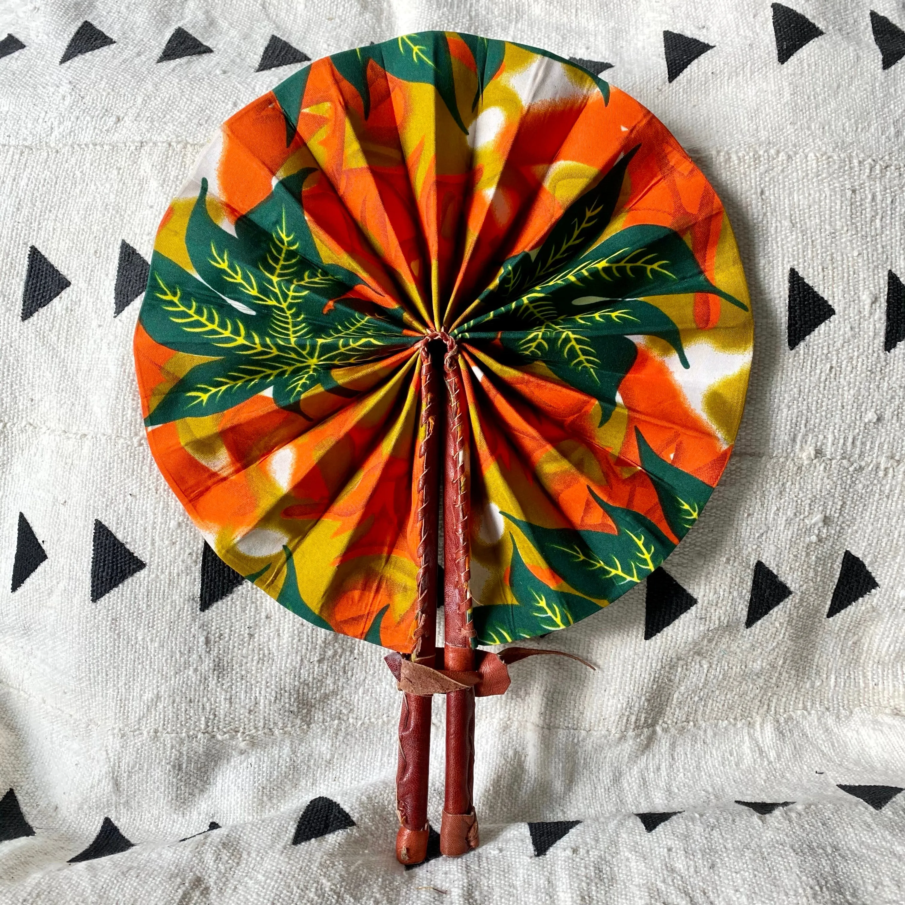 African Print Fan - Orange/Green/Yellow