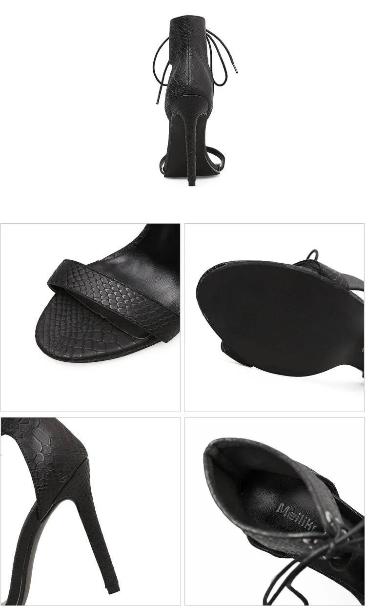 AliExpress long-term stock women's sandals snakeskin pattern high heels open-toe lace-up women's shoes