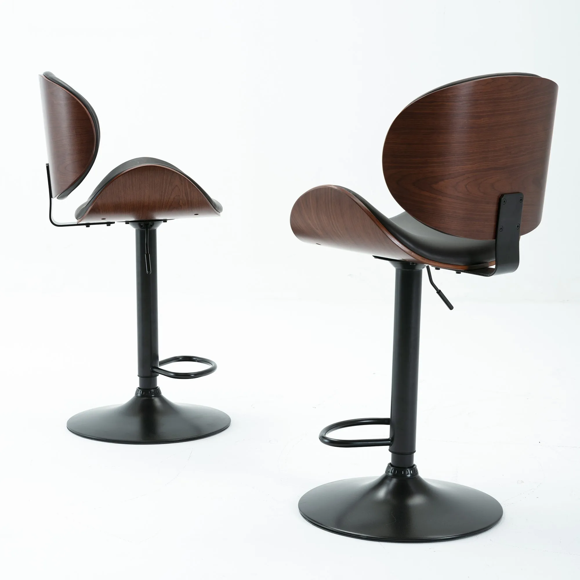 Barstools (Set of 2) Mid Century Modern Bentwood Adjustable Height Gas Lift Bar Stool in Black PU Leather Cushion Counter