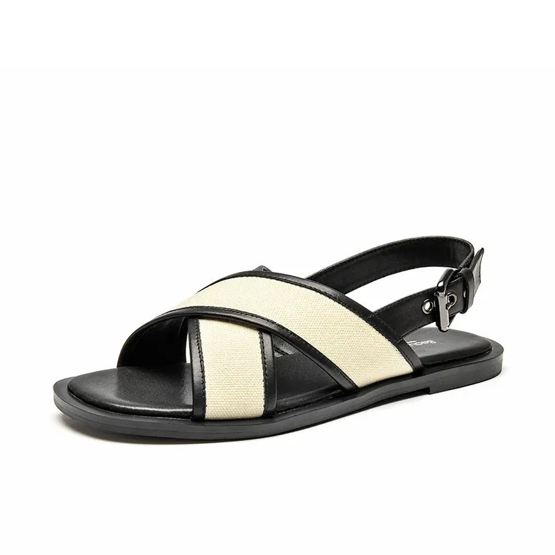 BeauToday Gladiator Sandals Women Cow Leather Canvas Patchwork Cross Band Back Strap Summer Beach Ladies Casual Flat Shoes 32274