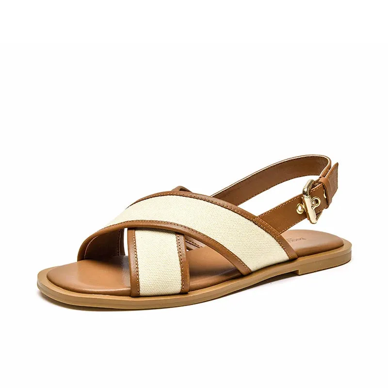 BeauToday Gladiator Sandals Women Cow Leather Canvas Patchwork Cross Band Back Strap Summer Beach Ladies Casual Flat Shoes 32274