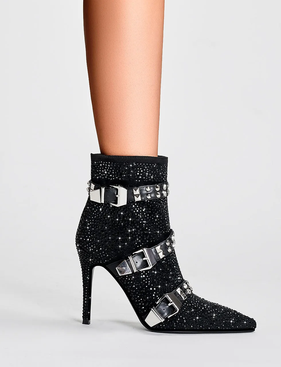 Black High Heel Pointed Toes Luxury Flower Bling Rhinestone Bootie Shoes