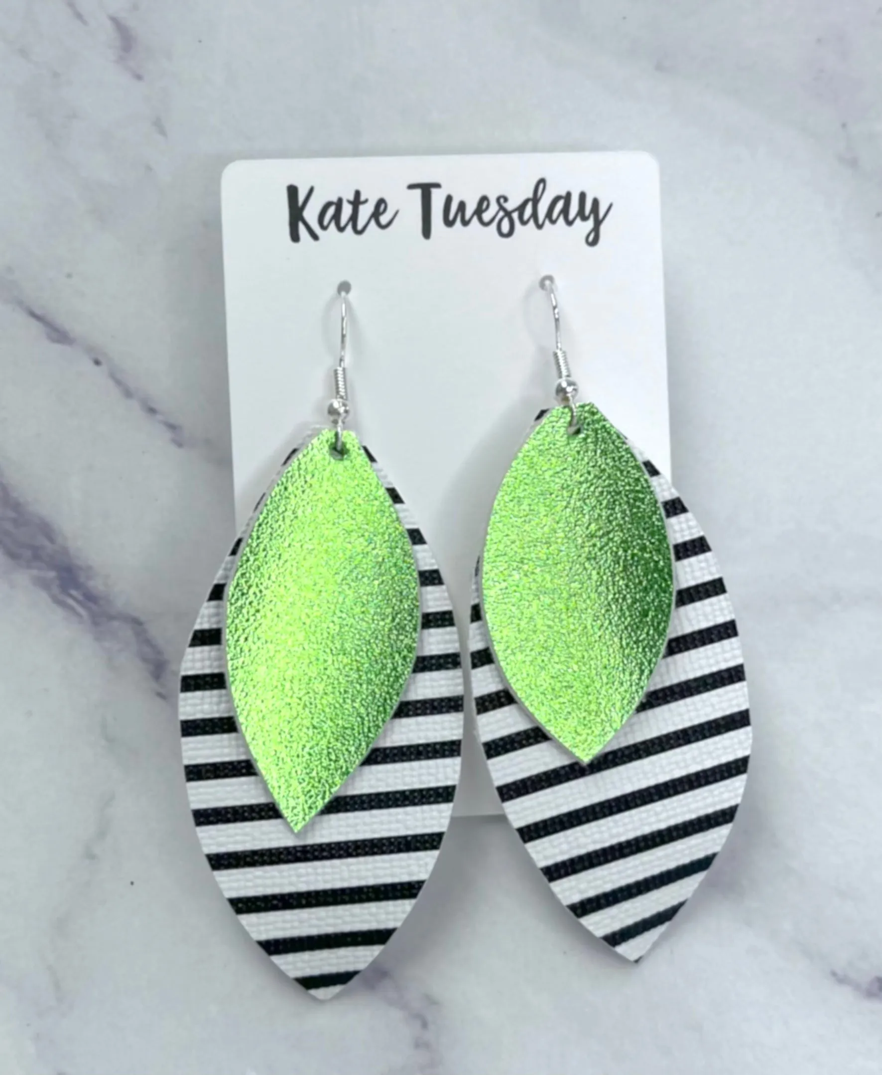 Black   White   Lime Green Striped Leather Hang Earrings