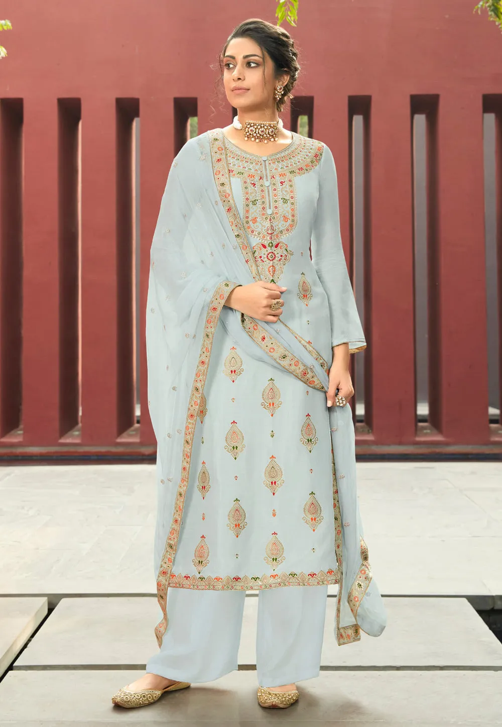 Blue Multi Embroidered Palazzo Suit