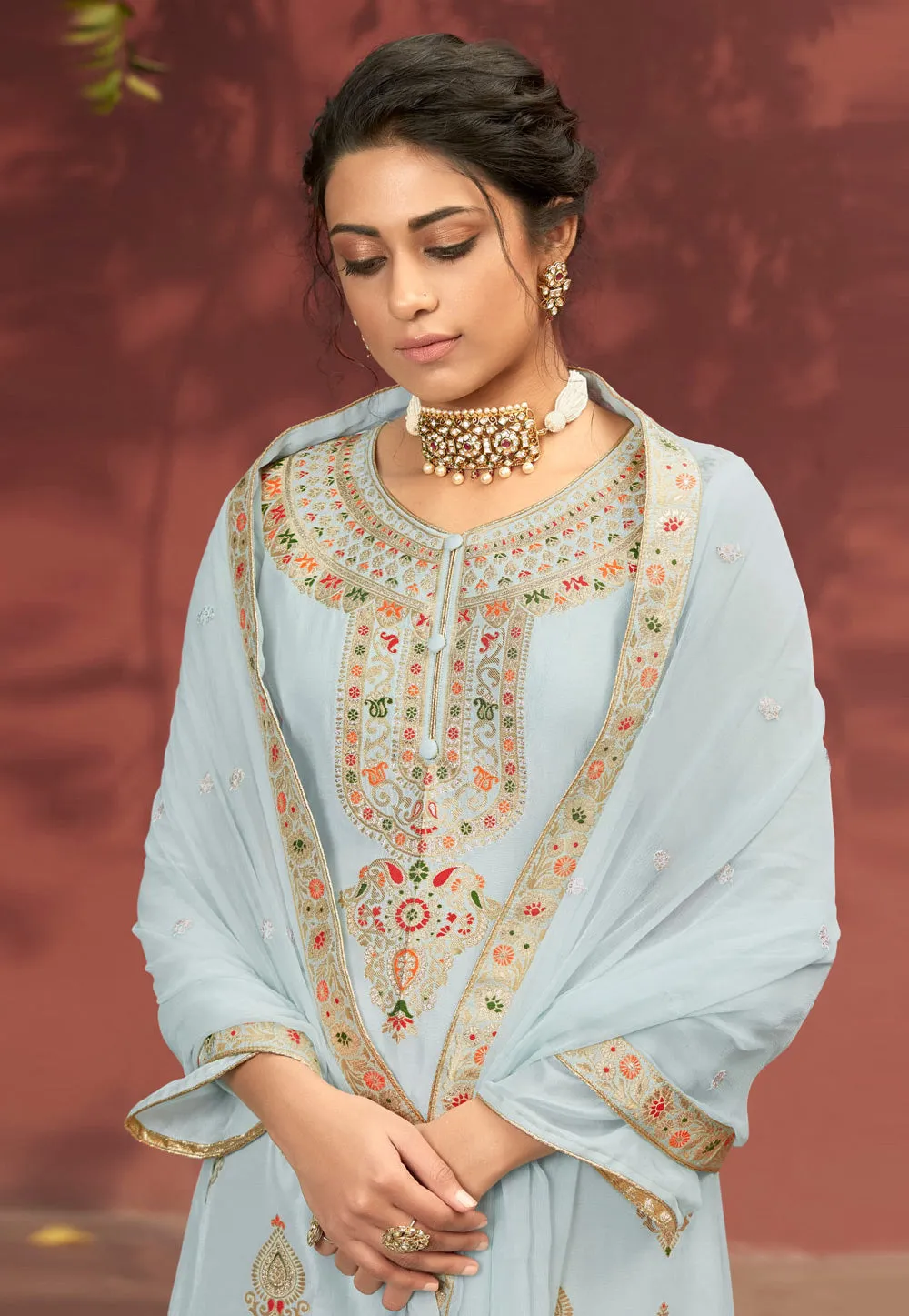 Blue Multi Embroidered Palazzo Suit