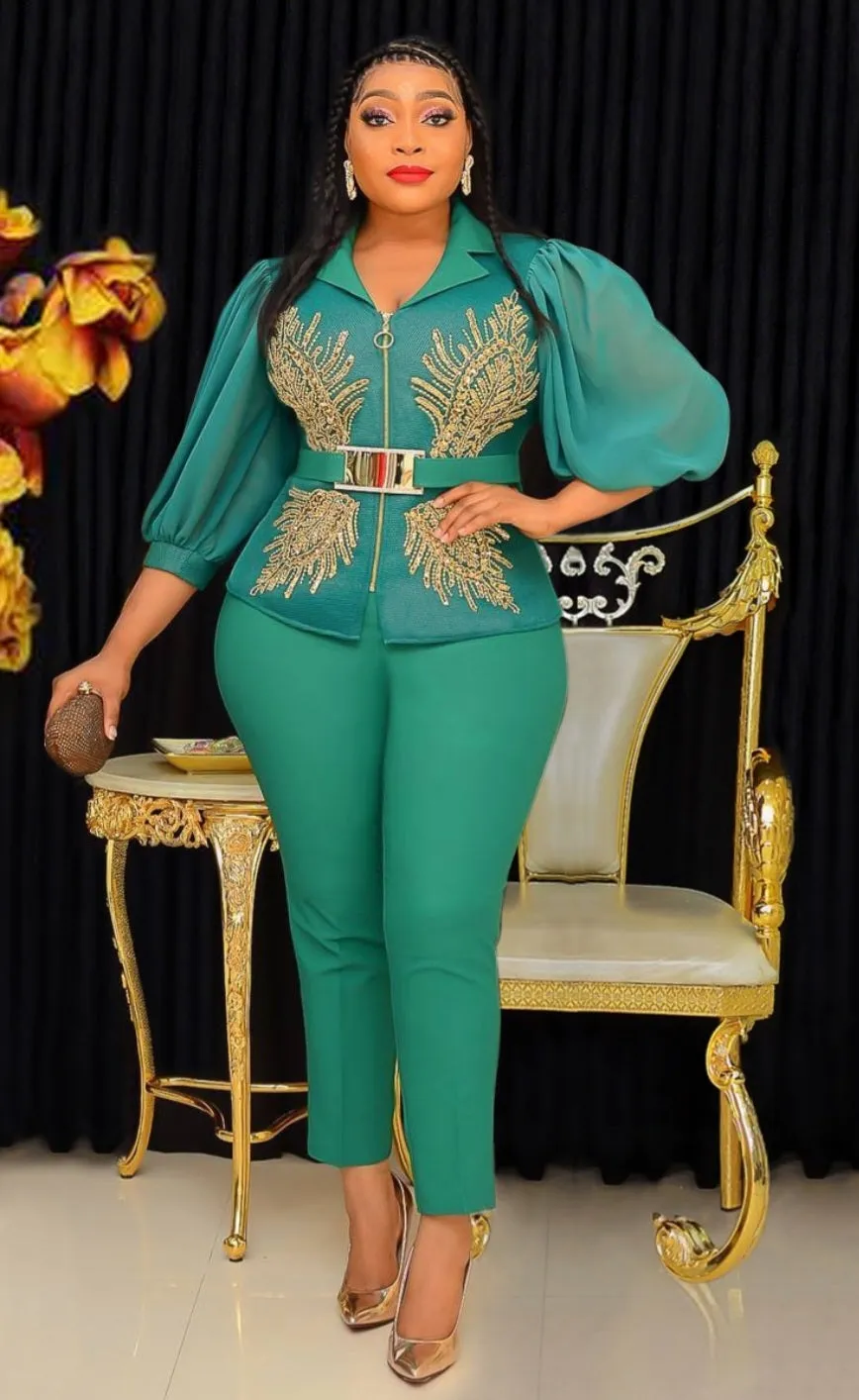 FINAL SALE! Audrey- 3pcs Embellished Mesh Blouse/Pant Set (CLEARANCE OUTLET! Final Sale/No Return/No Exchange!)