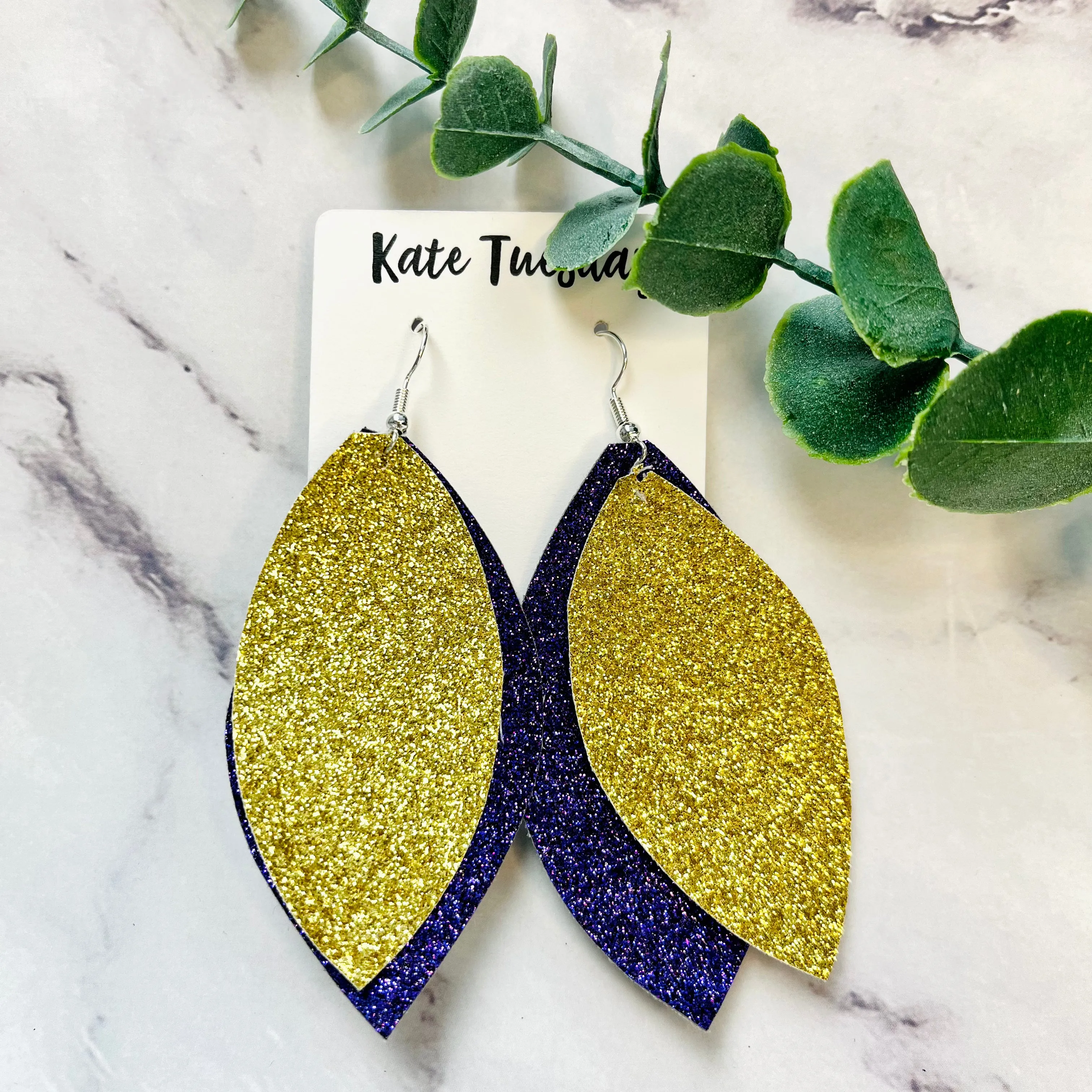 Gold   Purple Sparkle Leather Hang Earrings
