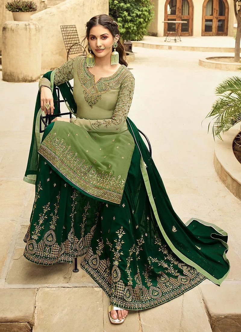 Green Dual Tone Embroidered Designer Sharara Suit
