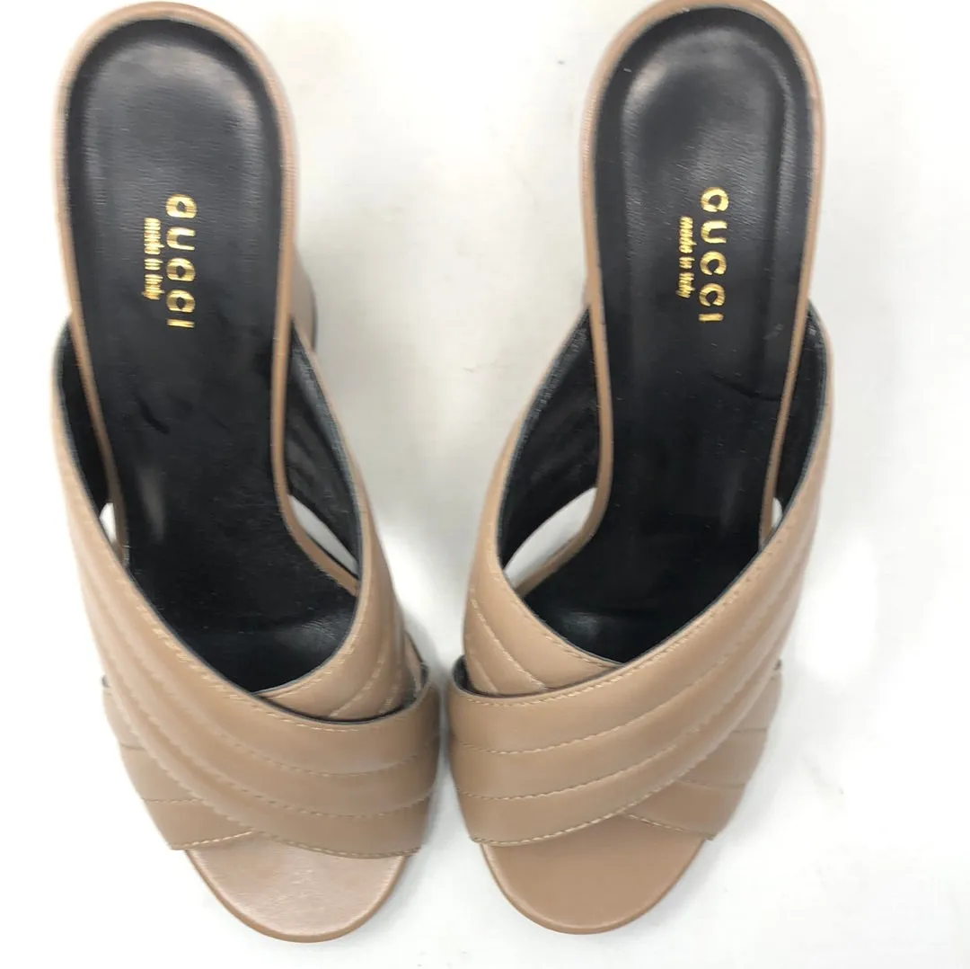 GUCCI tan leather criss-cross peep toe mule