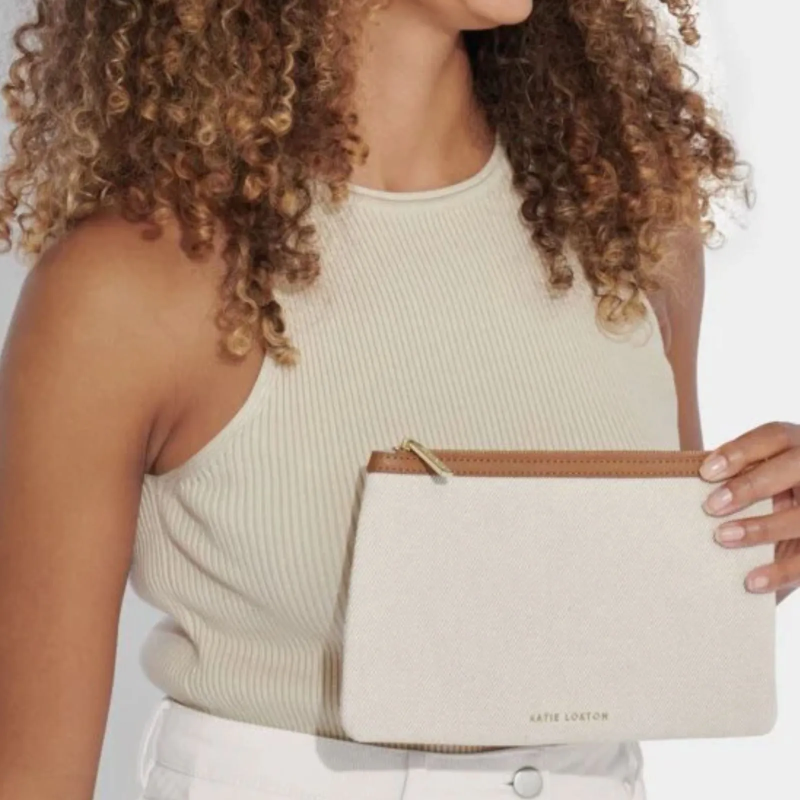 Katie Loxton Capri Canvas Pouch - Tan & Off White