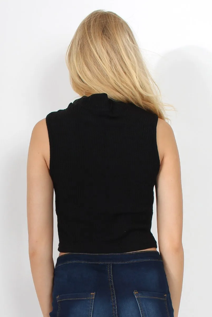 Keelly Black High Neck Tie Up Top