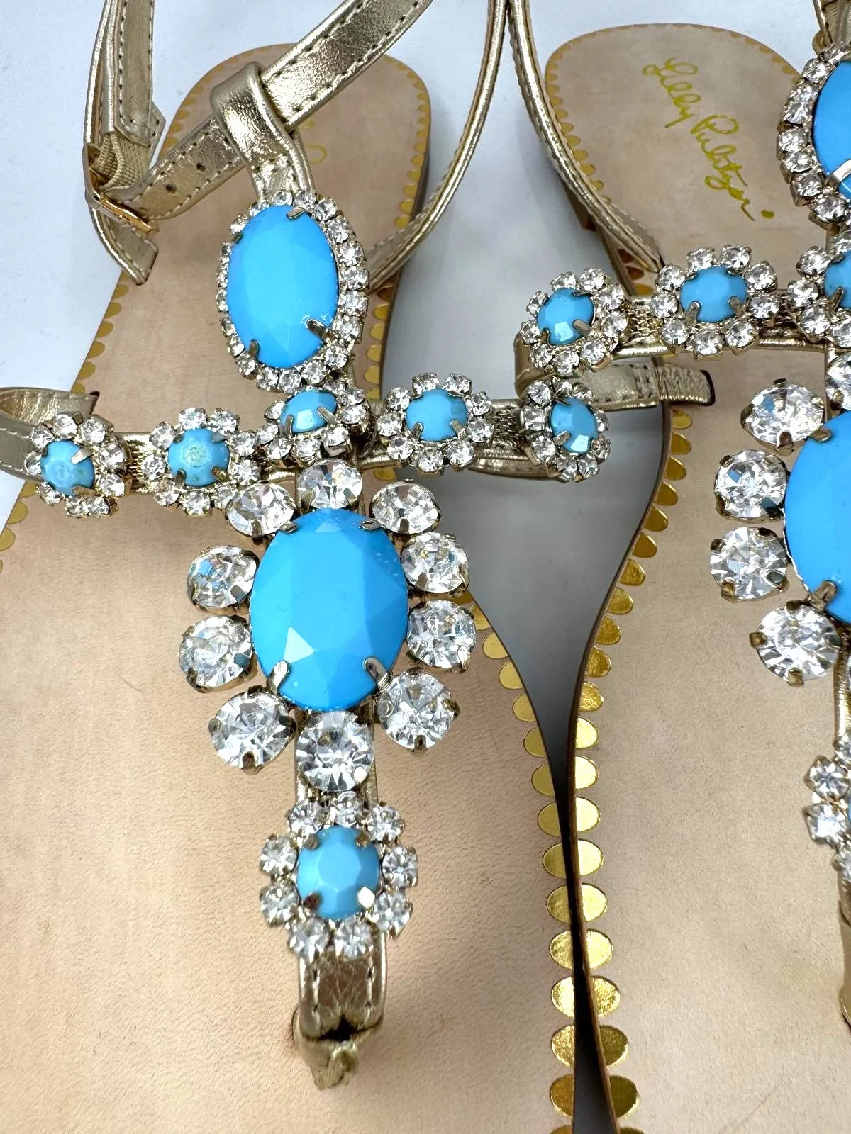 LILY PULITZER KATIE EMBELLISHED BERMUDA BLUE GOLD LEATHER SANDALS
