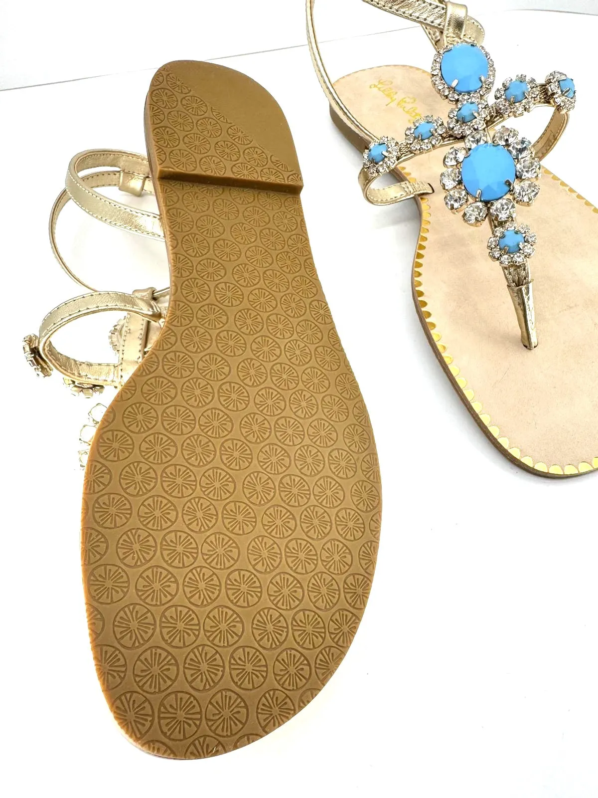 LILY PULITZER KATIE EMBELLISHED BERMUDA BLUE GOLD LEATHER SANDALS