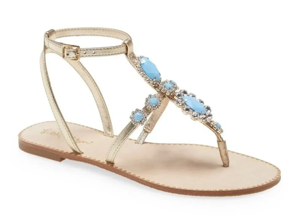 LILY PULITZER KATIE EMBELLISHED BERMUDA BLUE GOLD LEATHER SANDALS
