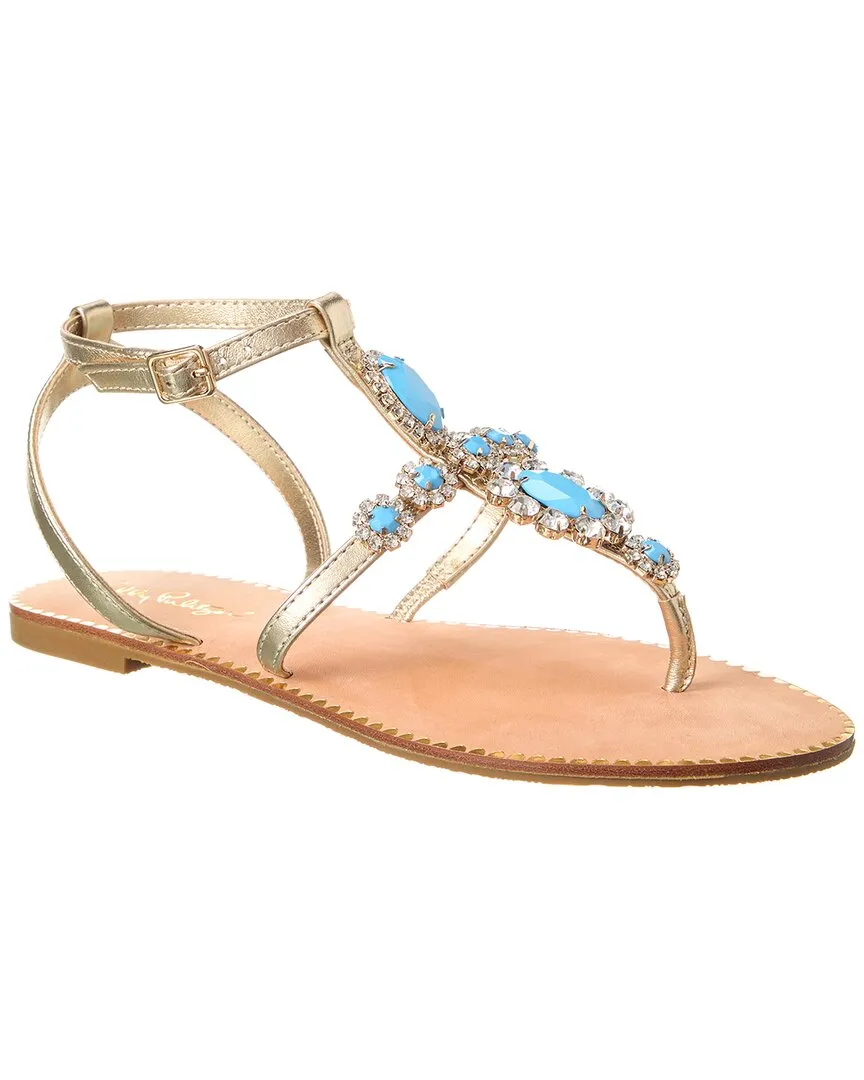 LILY PULITZER KATIE EMBELLISHED BERMUDA BLUE GOLD LEATHER SANDALS