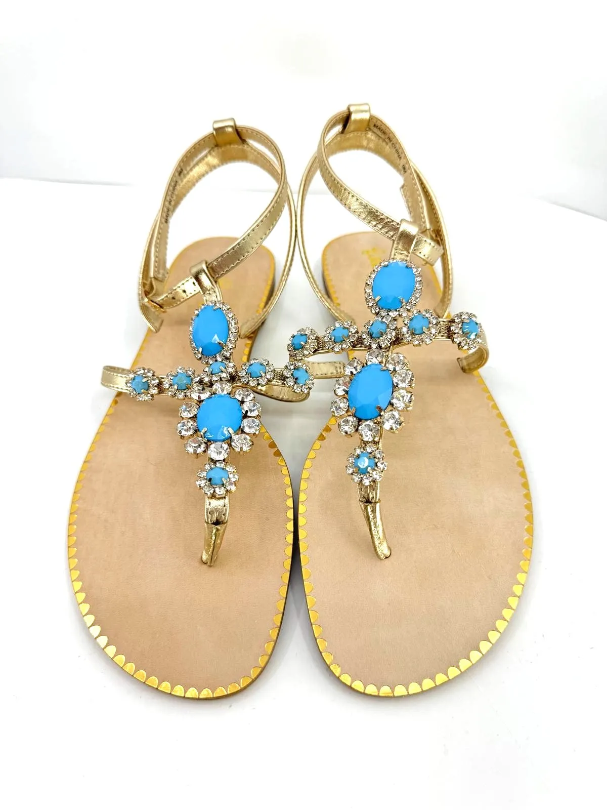 LILY PULITZER KATIE EMBELLISHED BERMUDA BLUE GOLD LEATHER SANDALS