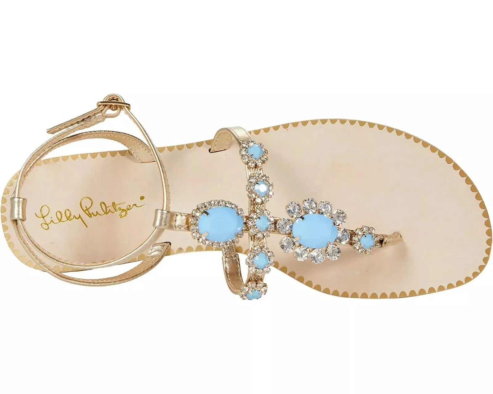 LILY PULITZER KATIE EMBELLISHED BERMUDA BLUE GOLD LEATHER SANDALS