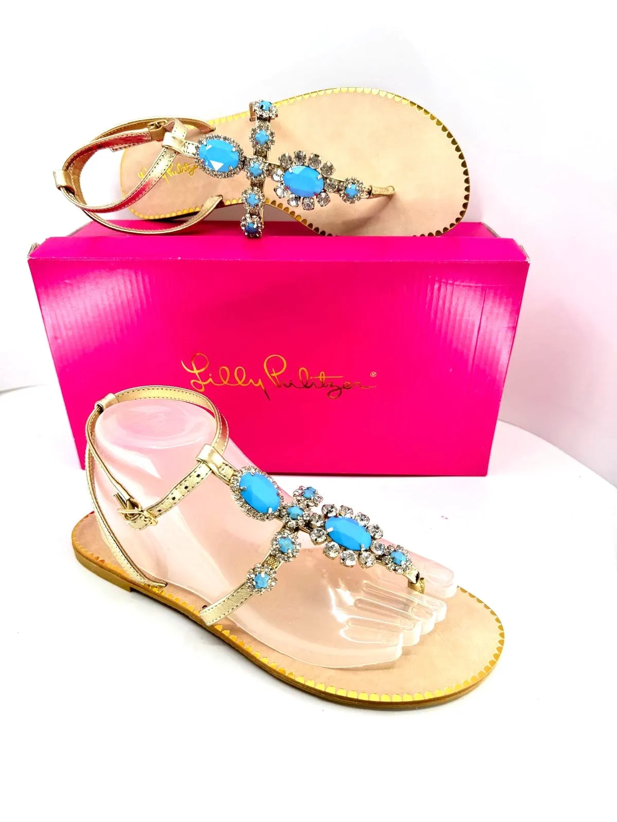 LILY PULITZER KATIE EMBELLISHED BERMUDA BLUE GOLD LEATHER SANDALS