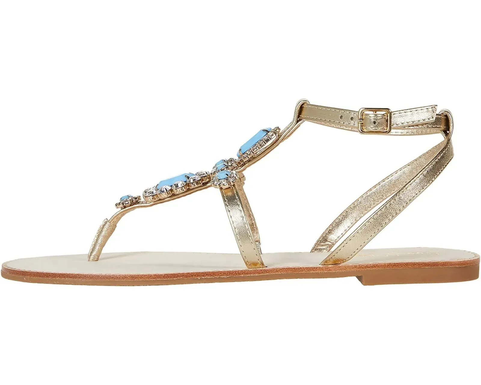 LILY PULITZER KATIE EMBELLISHED BERMUDA BLUE GOLD LEATHER SANDALS