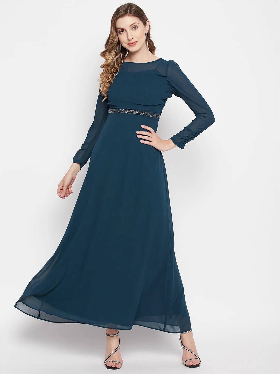 Madame Embellished Waist Band Teal Blue Maxi Dress