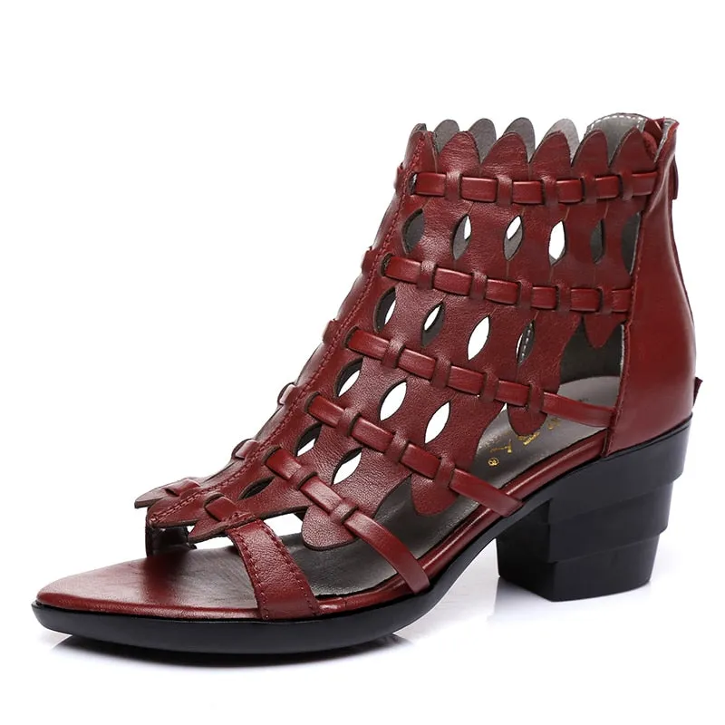 New Summer Retro Style Hand-woven Real Leather Sandals Thick Heel Soft Bottom Women Shoes Elegant Fashion Sandals