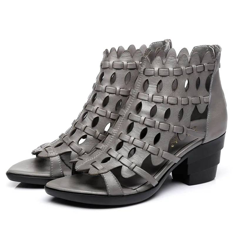 New Summer Retro Style Hand-woven Real Leather Sandals Thick Heel Soft Bottom Women Shoes Elegant Fashion Sandals