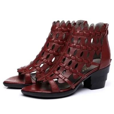 New Summer Retro Style Hand-woven Real Leather Sandals Thick Heel Soft Bottom Women Shoes Elegant Fashion Sandals