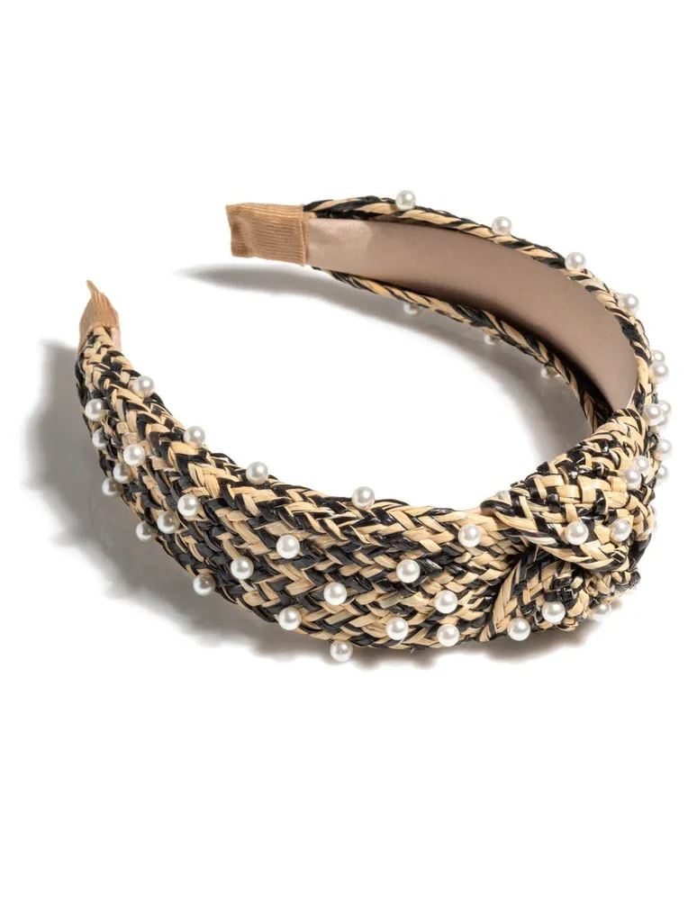 Pearl Embellished Knotted Headband - Black
