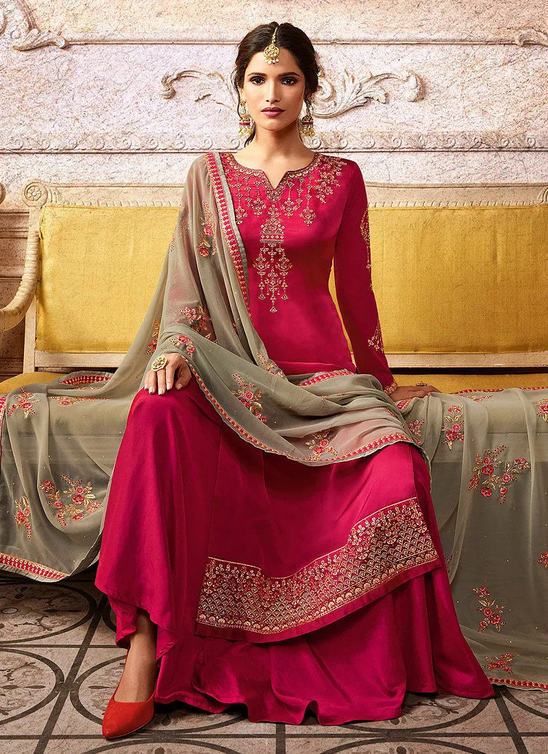 Pink And Grey Embroidered Palazzo Suit