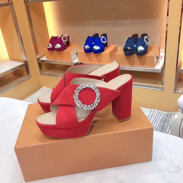 Plus Size 35-41 Women's Sandals Real Suede Leather Women's Shoes Open Toe Square Heels Summer Sandals For Woman