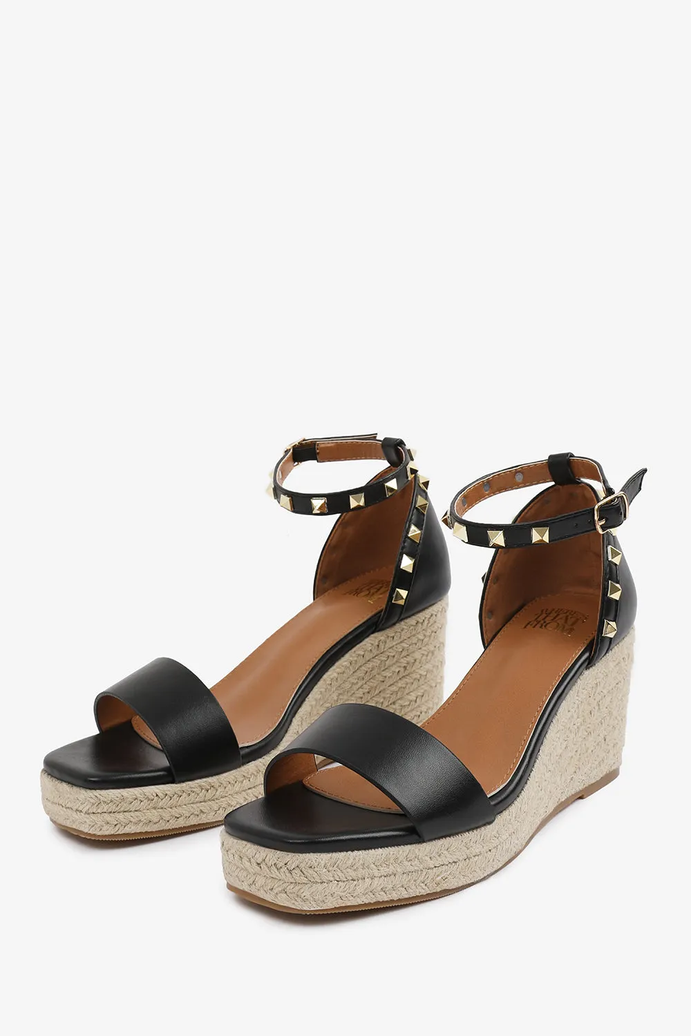 Presley Wide Fit Wedge Sandals with Gladiator Ankle Strap in Black PU
