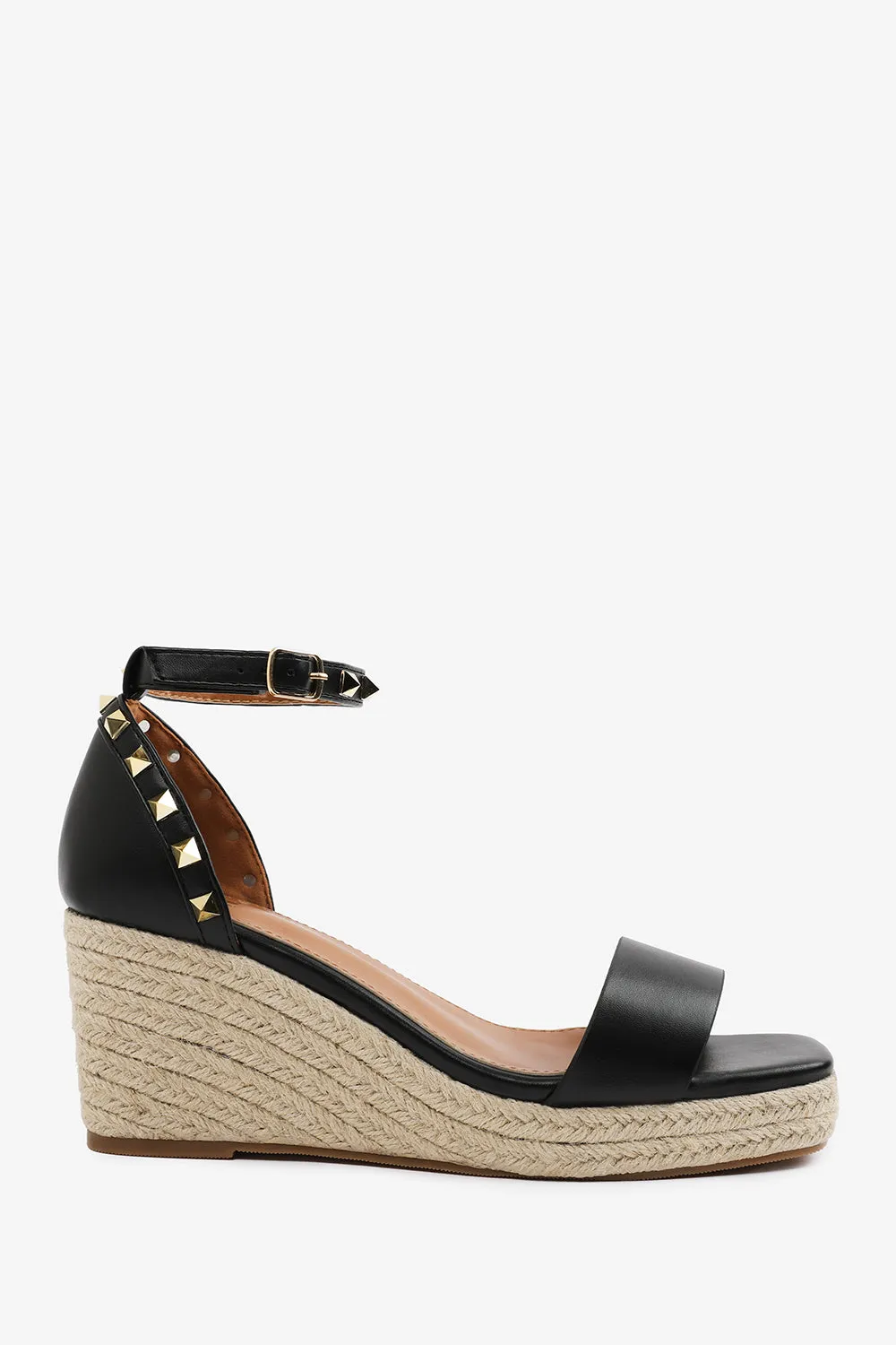 Presley Wide Fit Wedge Sandals with Gladiator Ankle Strap in Black PU