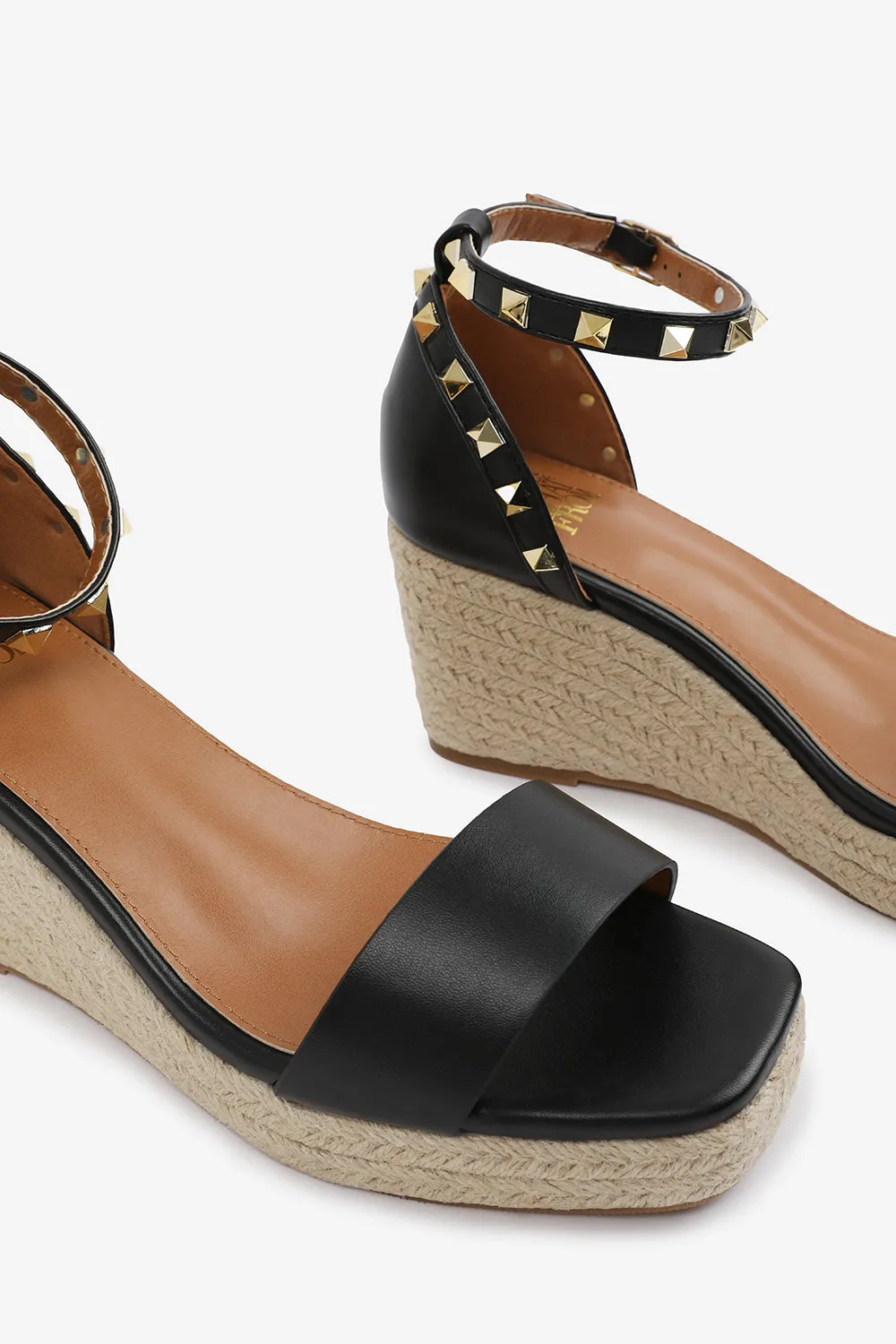 Presley Wide Fit Wedge Sandals with Gladiator Ankle Strap in Black PU