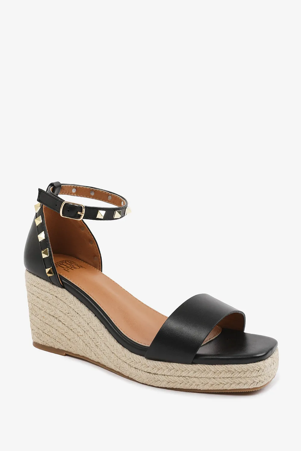 Presley Wide Fit Wedge Sandals with Gladiator Ankle Strap in Black PU