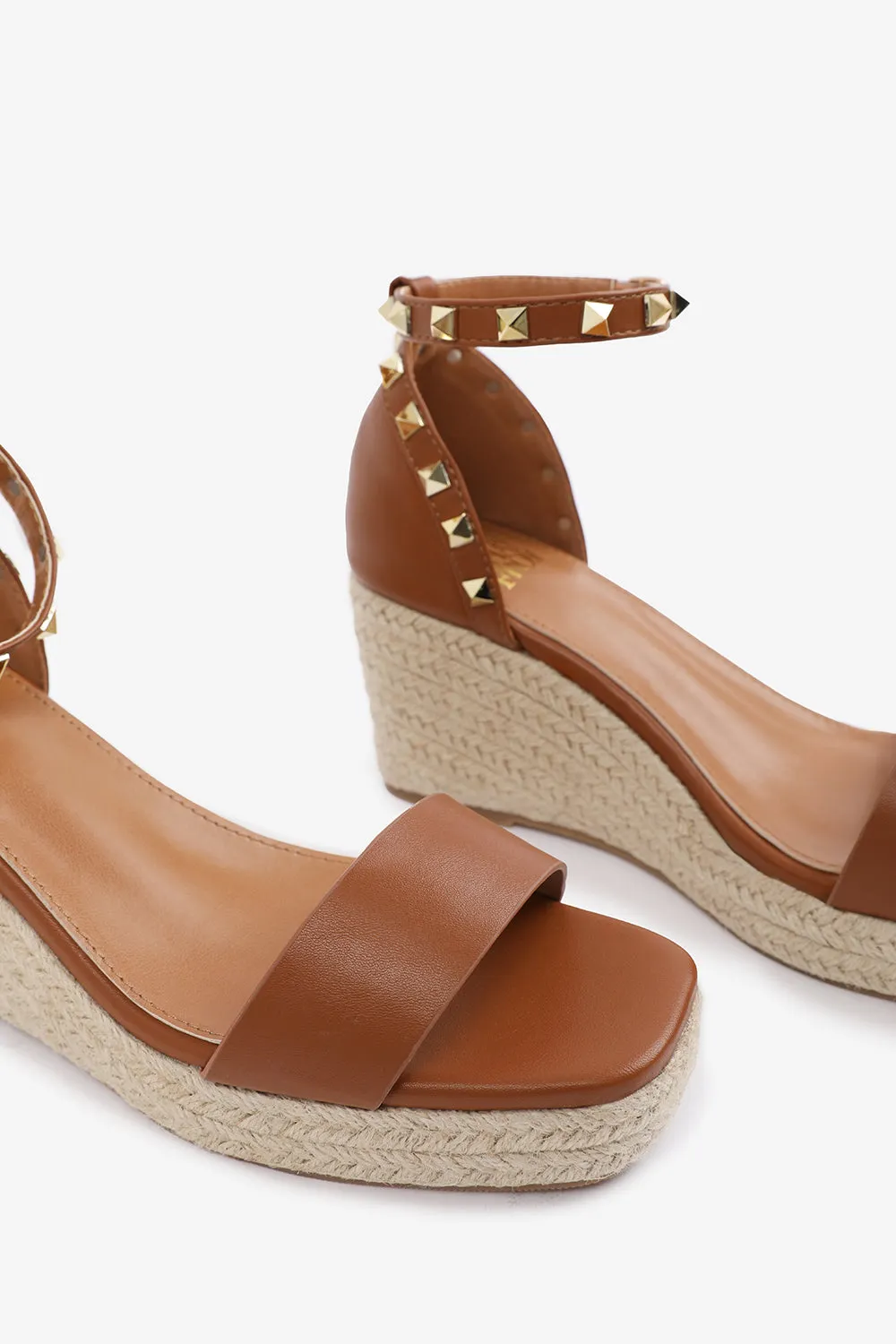 Presley Wide Fit Wedge Sandals with Gladiator Ankle Strap in Tan PU
