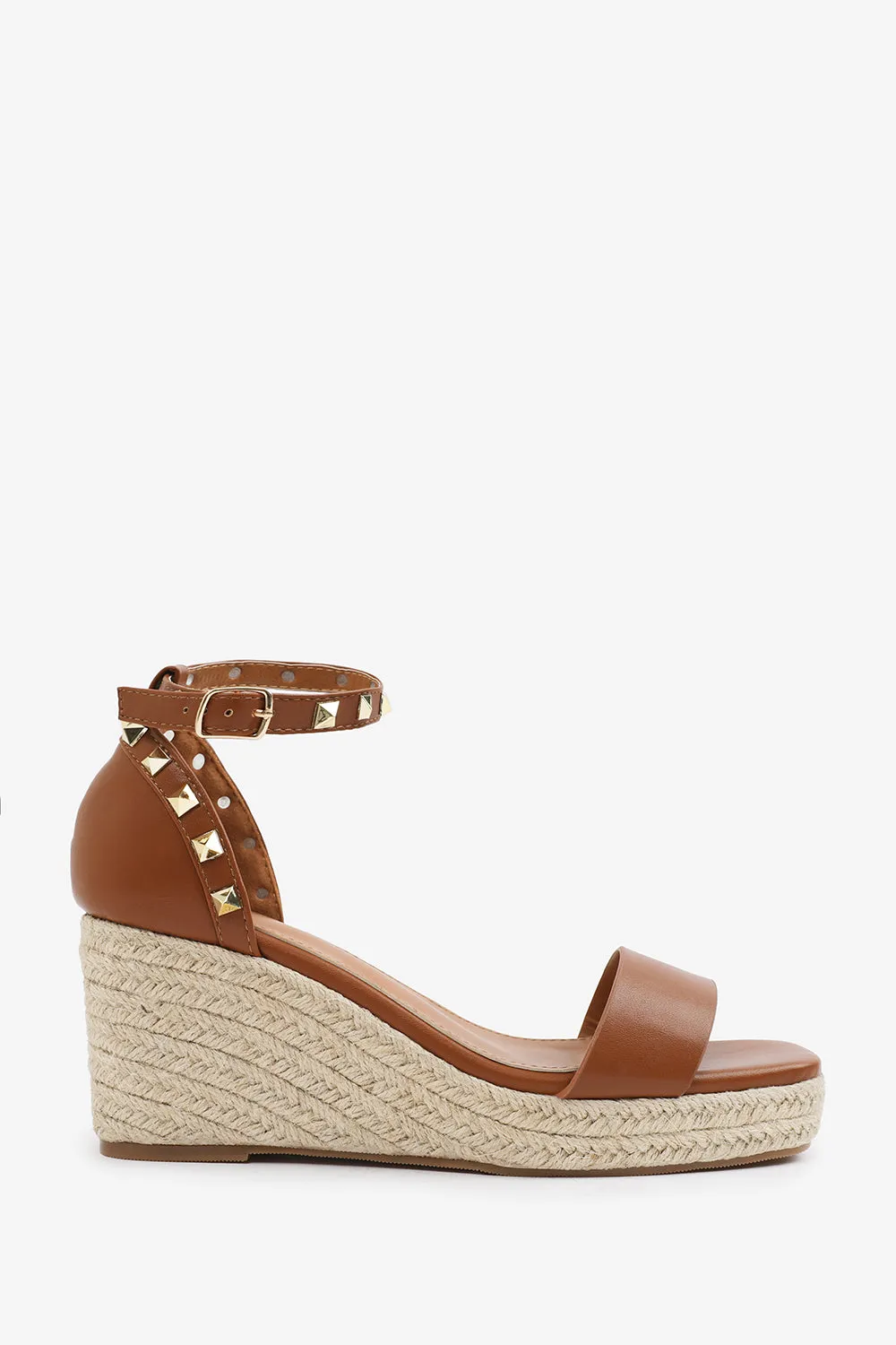 Presley Wide Fit Wedge Sandals with Gladiator Ankle Strap in Tan PU