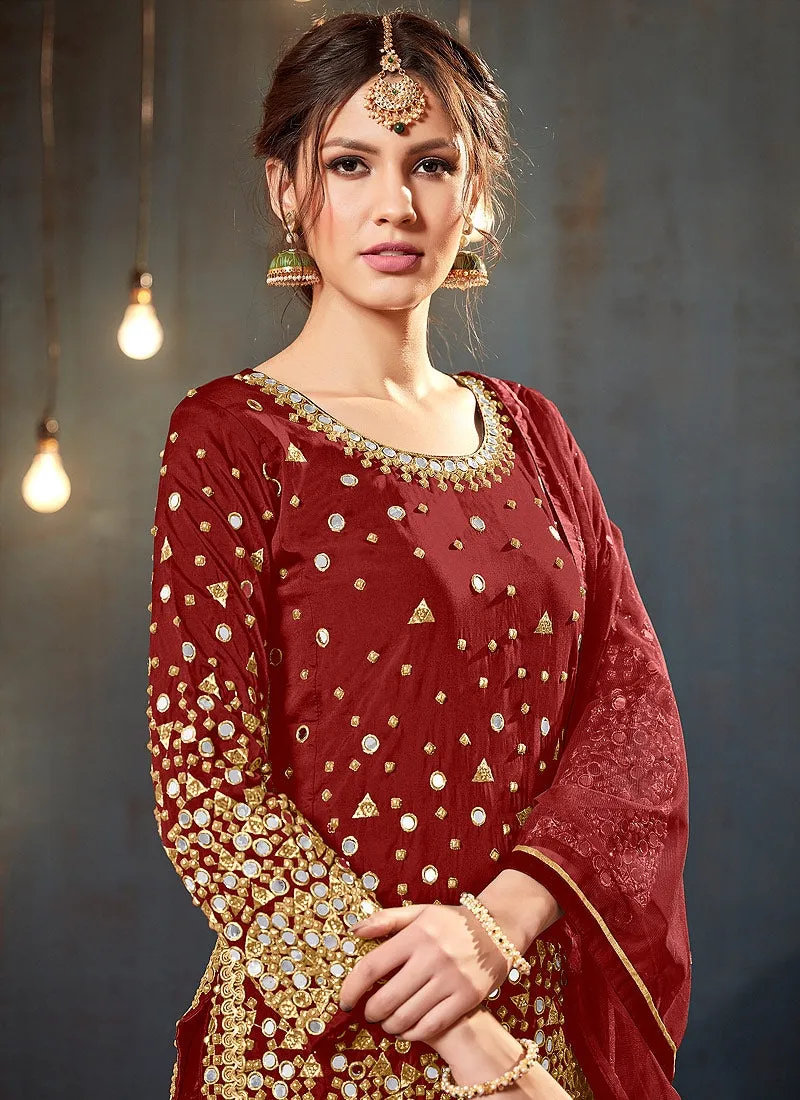 Red Embroidered Traditional Patiala Suit