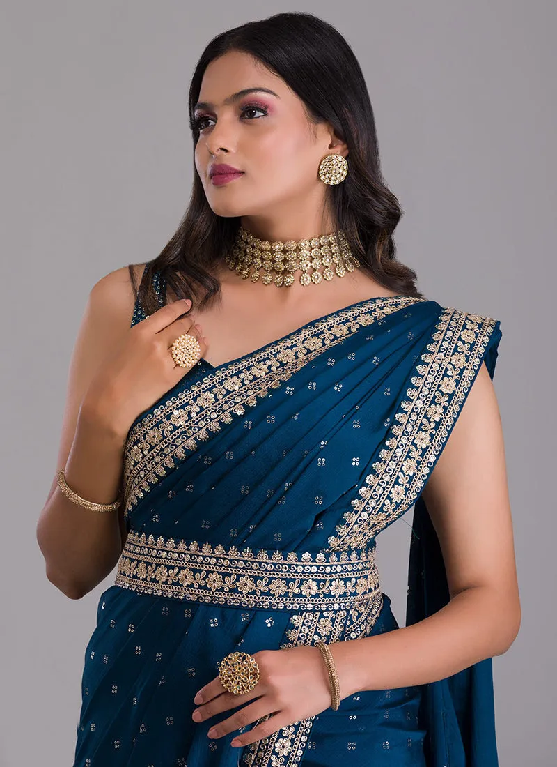 Royal Blue Sequence Embroidery Silk Saree With Belt
