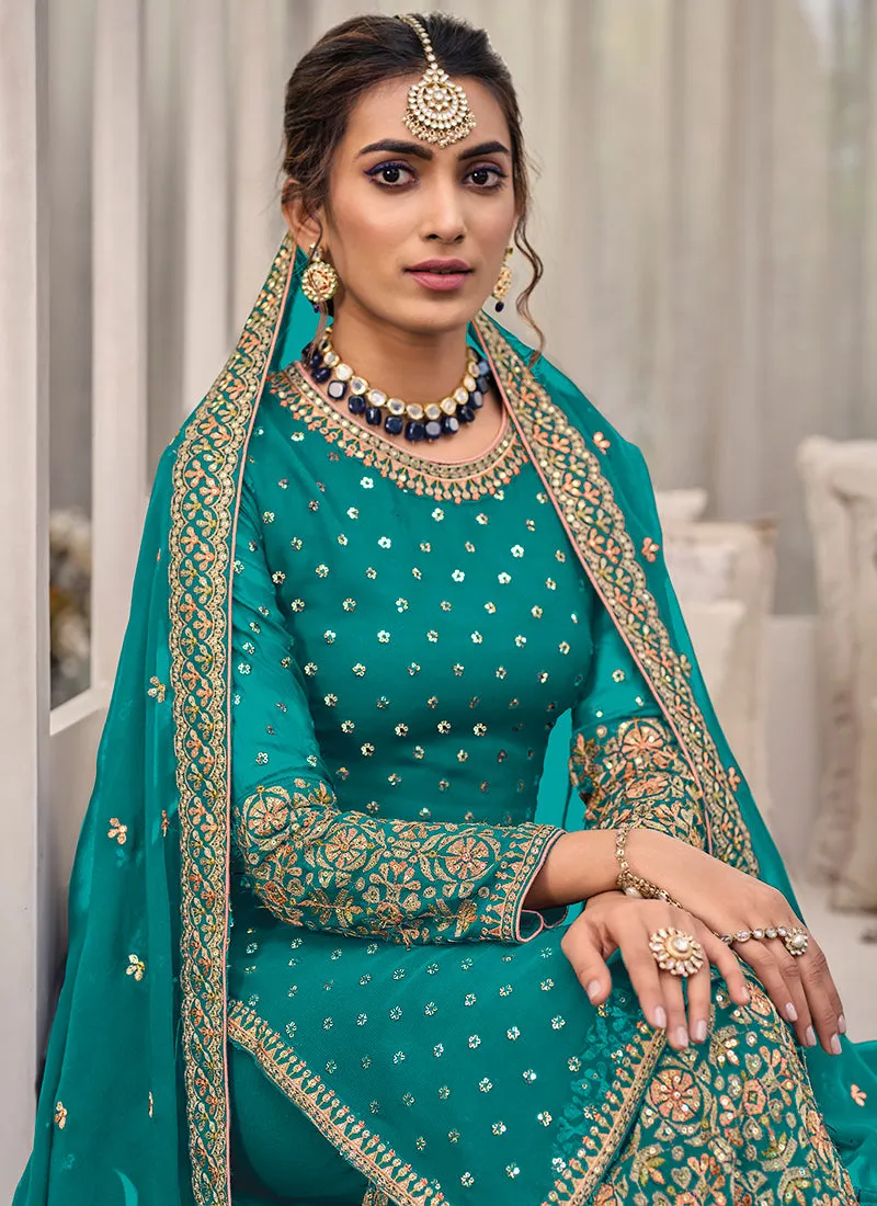 Turquoise Multi Embroidered Traditional Gharara Suit