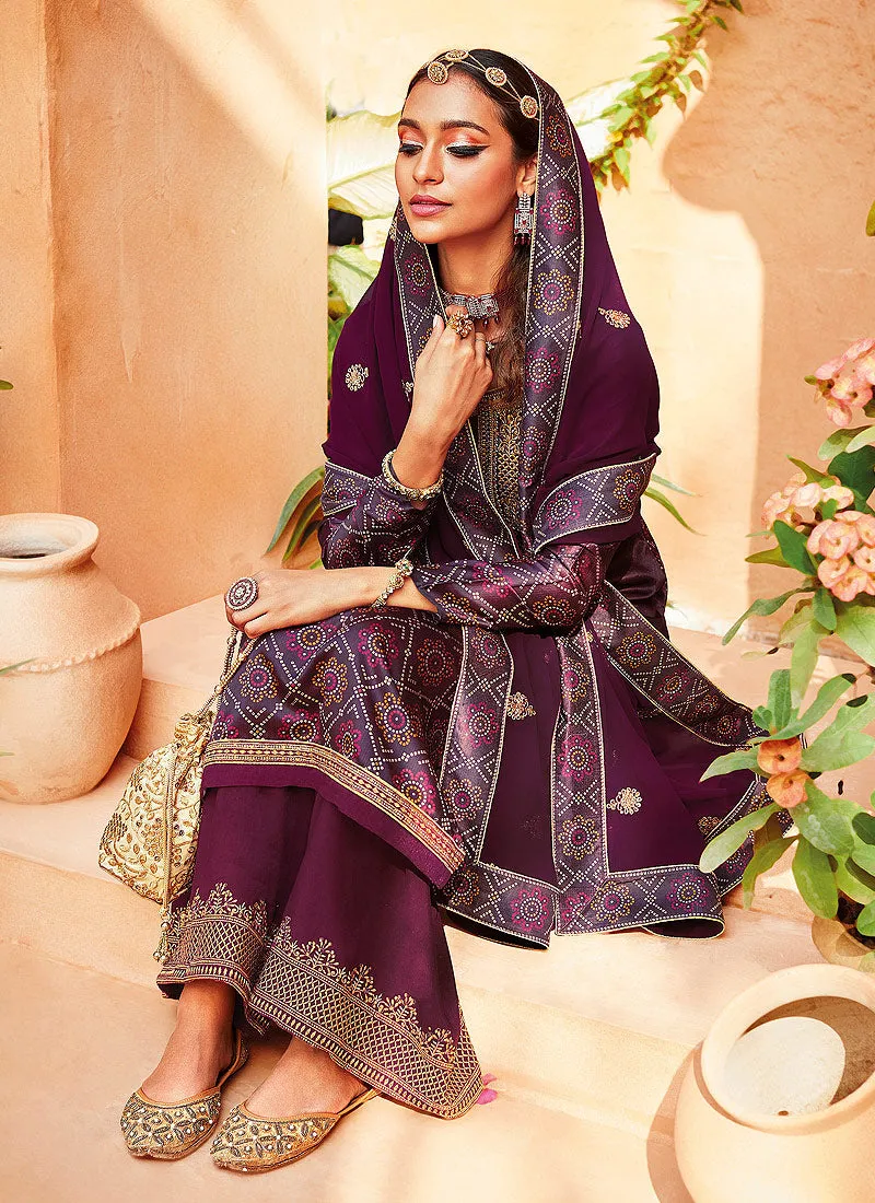 Wine Ethnic Embroidered Festive Palazzo Suit