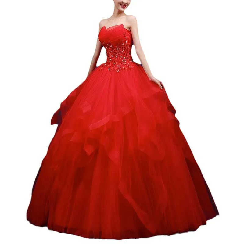 Women Strapless Sleeveless Long Prom Dress Wedding Ball Gown Dress