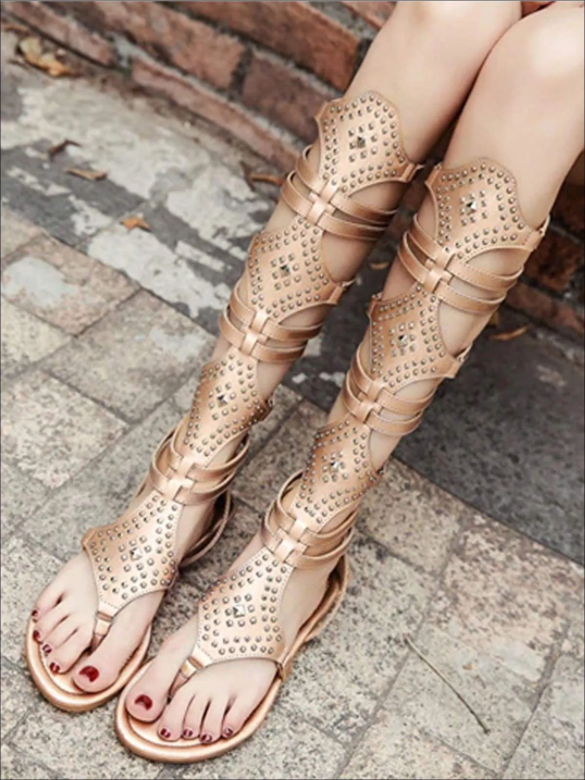 Women's Knee Length Embellished Gladiator Sandals By Liv and Mia