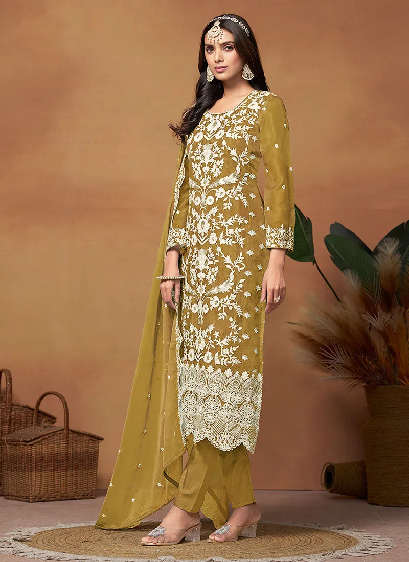 Yellow Thread And Sequence  Embroidery Pant Style Salwar Suit